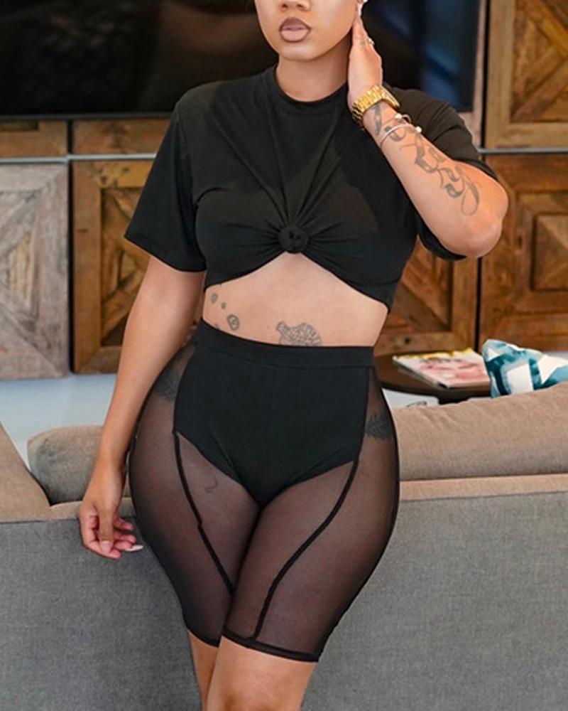 

Casual Top & Sheer Mesh Shorts Set, Black