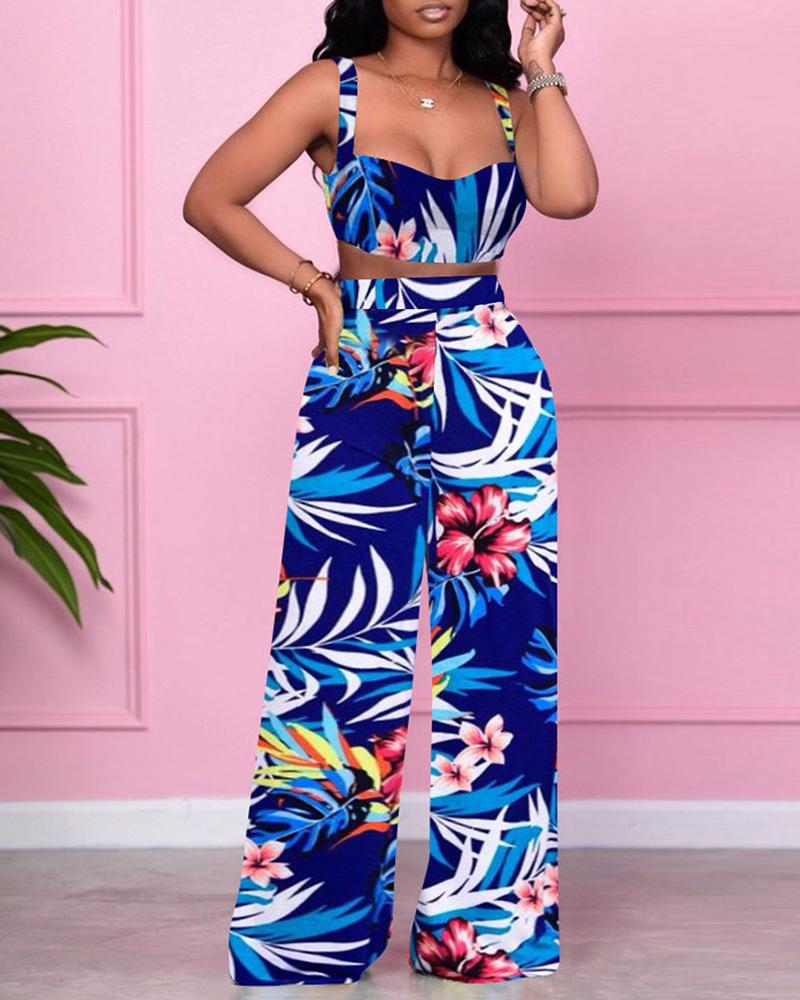 

Floral Print Thick Strap Crop Top & Pants Sets, Dark blue