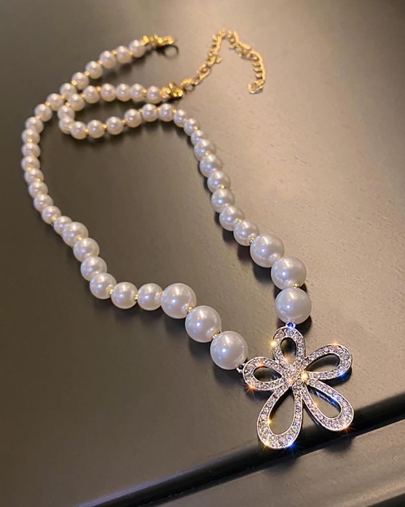 

1PCS Rhinestone Floral Pendant Beaded Necklace, White