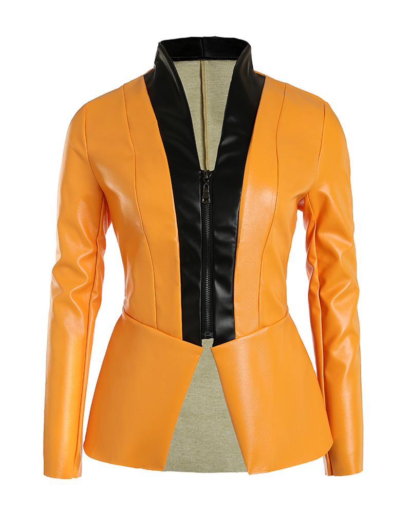 

Contrast Binding ZIp Front PU Leather Coat, Yellow