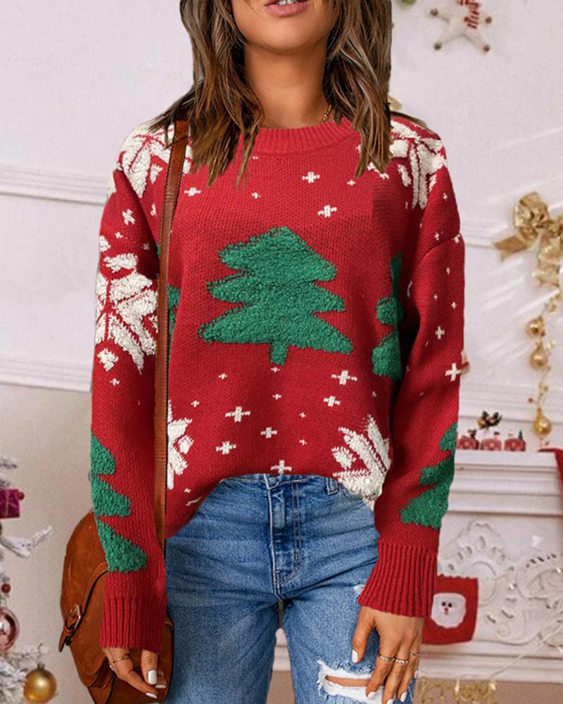 

Christmas Tree Snowflake Pattern Sweater, Red
