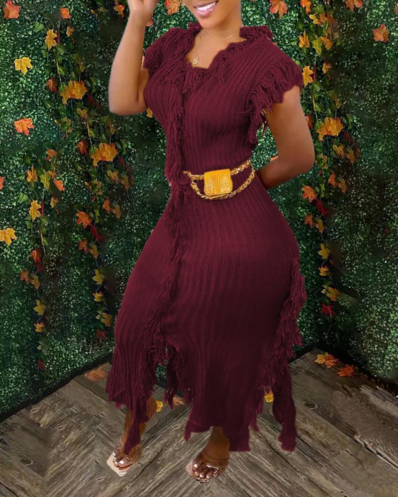 

Tassel Design Sleeveless Slit Casual Dress, Wine red