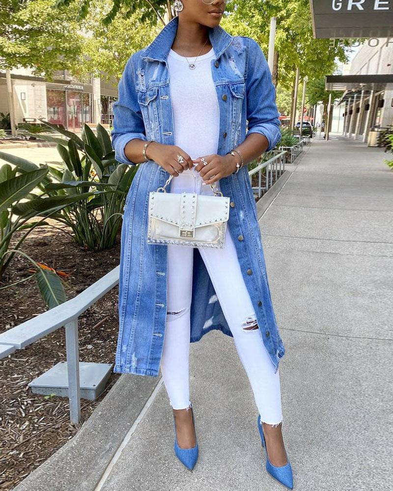 

Ripped Button Down Longline Denim Coat, Blue