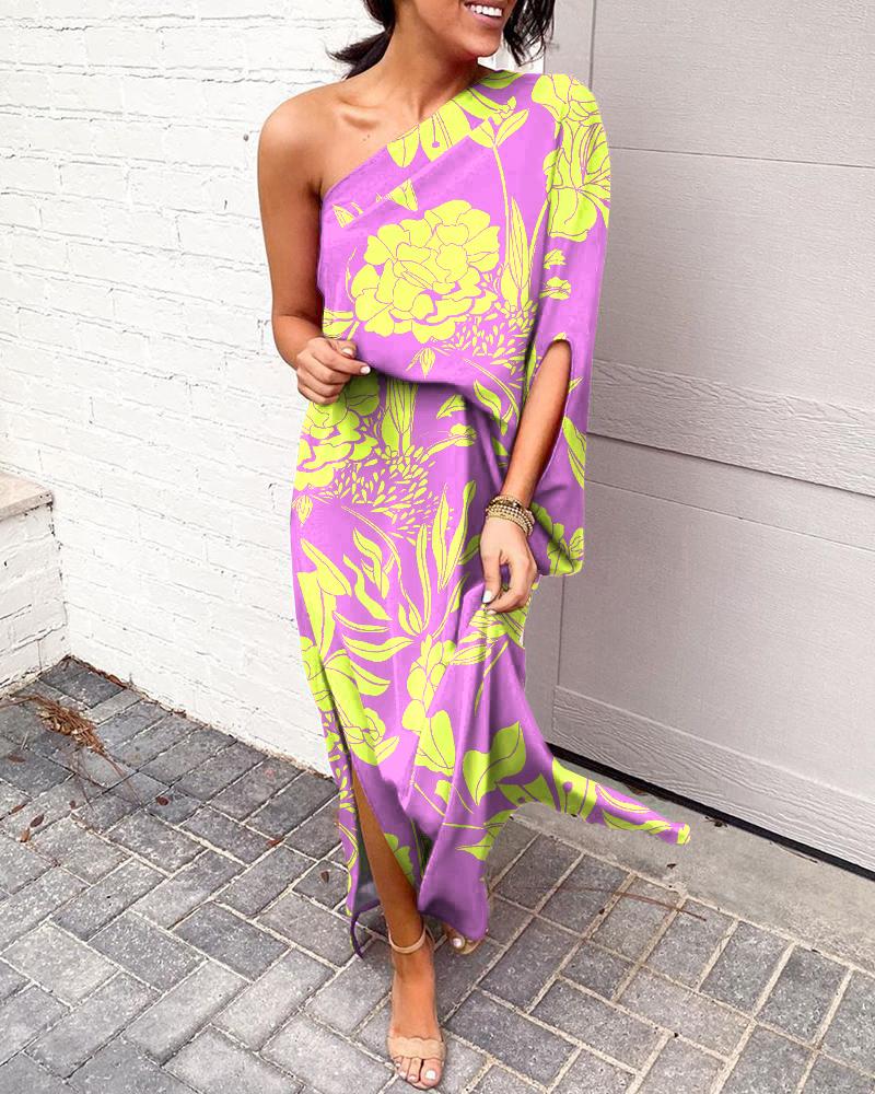 

One Shoulder Split Hem Plants Print Maxi Dress, Purple