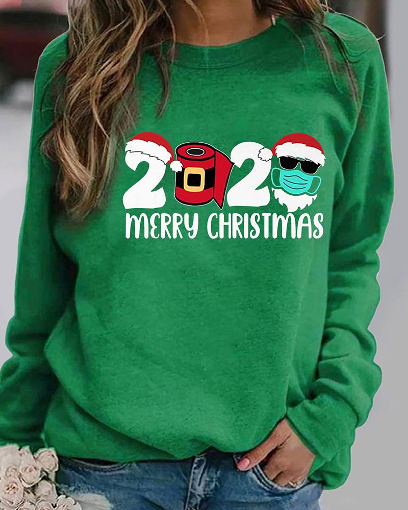 

Christmas Letter Print Long Sleeve Top, Green