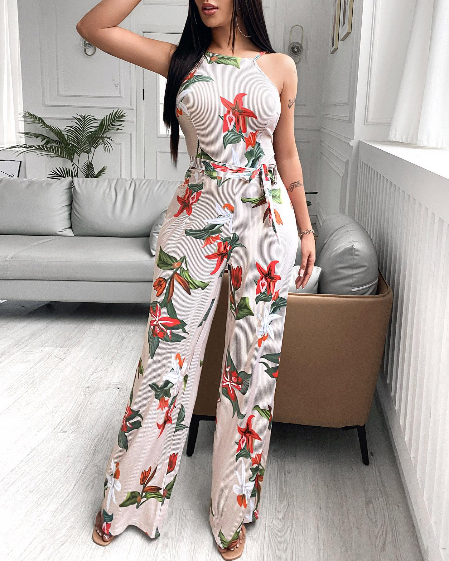 

Floral Printed Halter Open Back Casual Wide Leg Jumpsuit, Coffee