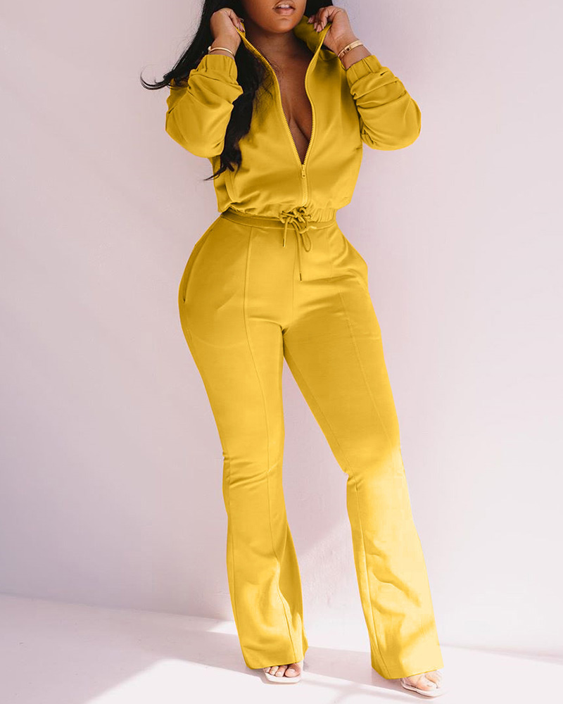 

Plain Zipper Design Coat & Drawstring Pants Set, Yellow
