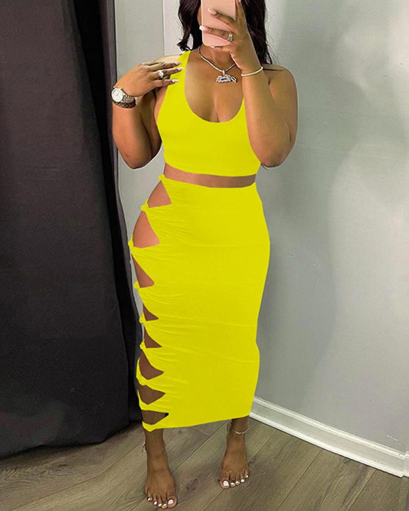 

Crop Top & Ladder Cutout Maxi Skirt Set, Yellow