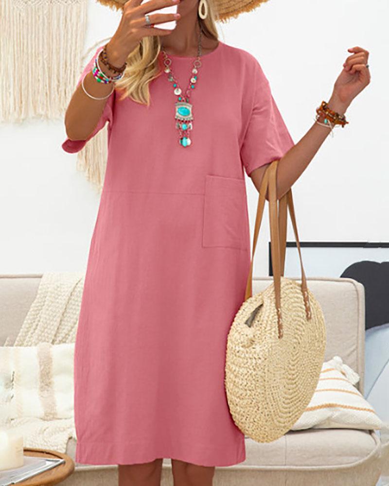

Pocket Design Short Sleeve Casual Dress, Pink