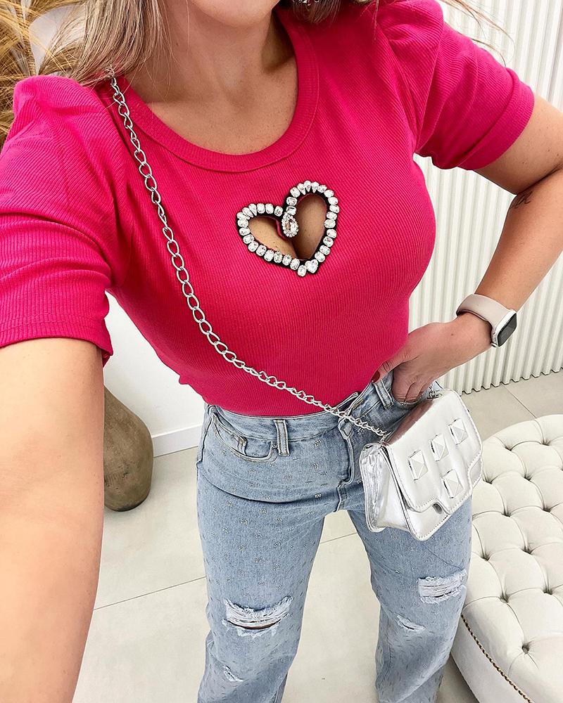 

Rhinestone Heart Pattern Cutout Puff Sleeve Top, Hot pink