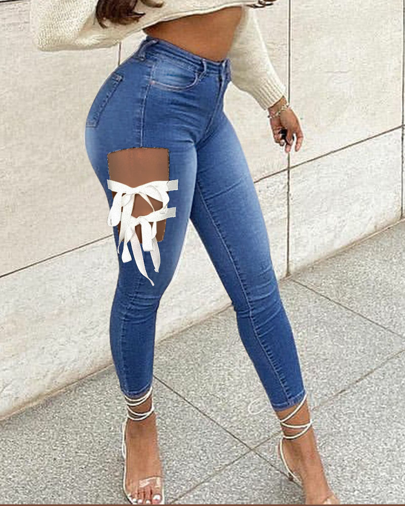 

Plus Size Zipper Fly Cutout Tied Detail Skinny Jeans, Blue