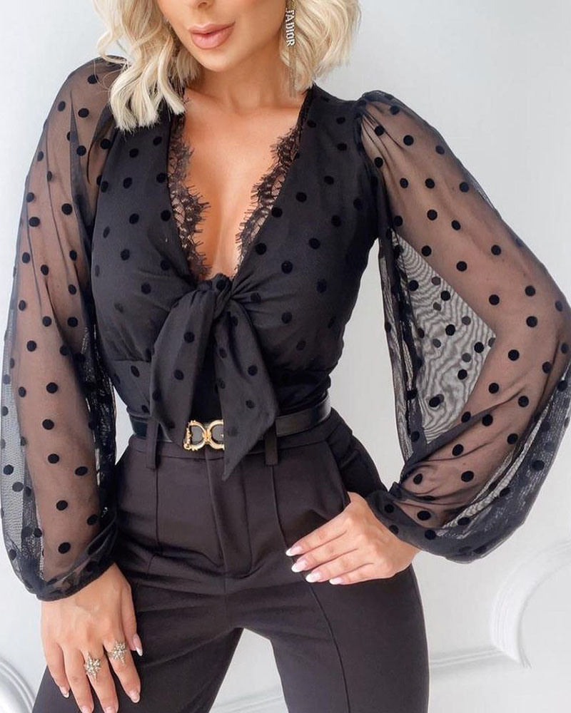 

Polka Dot Mesh Sleeve Contrast Lace V-Neck Knot Front Blouse, Black