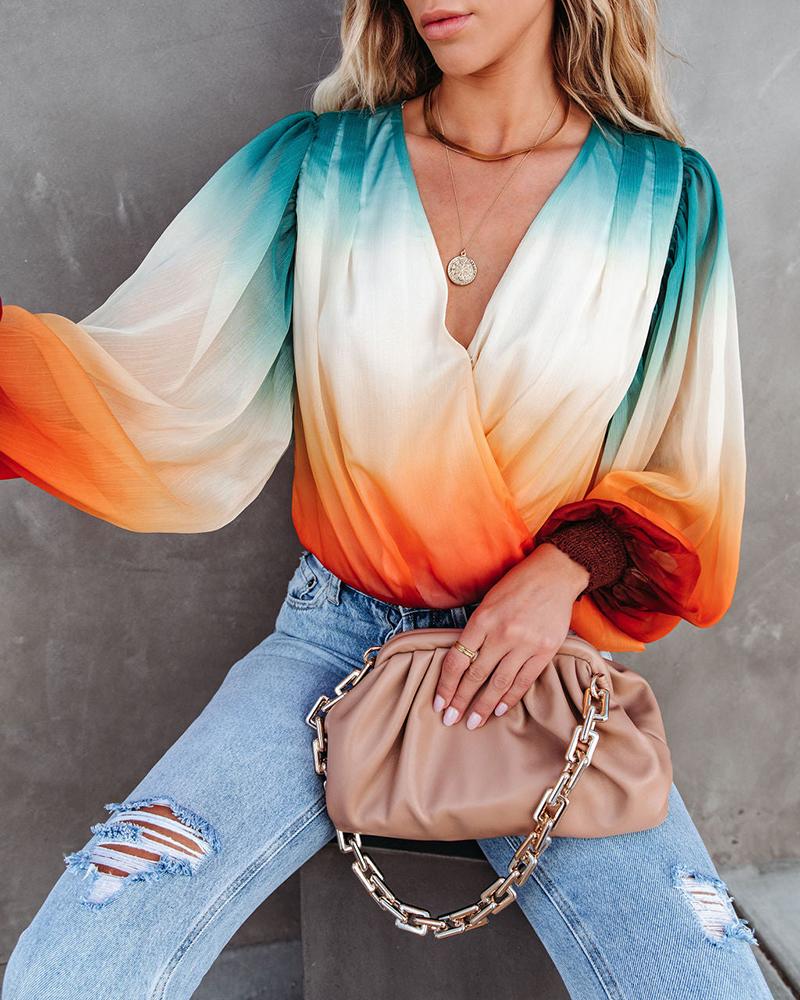 Ombre Lantern Sleeve Ruched Top