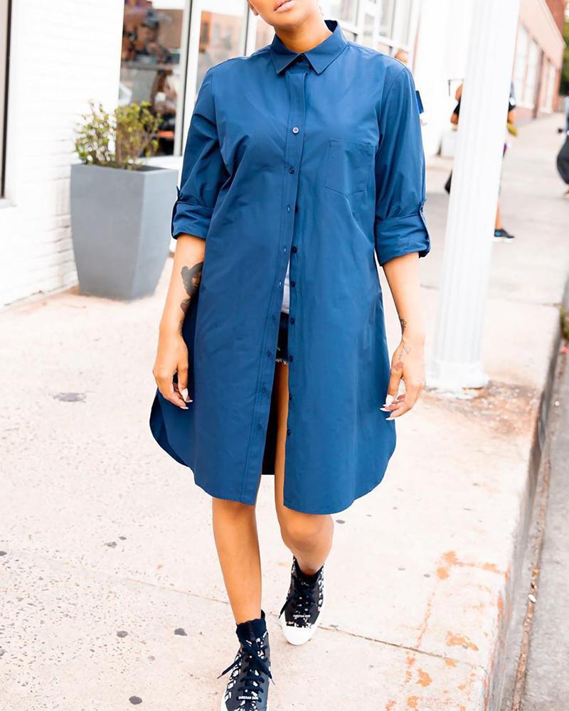 

Long Sleeve Button Design Shirt Dress, Blue