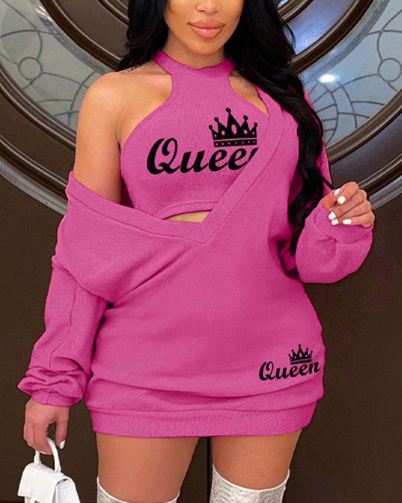 

Letter Crown Print Sweatshirt Dress With Crop Tank Top, Hot pink