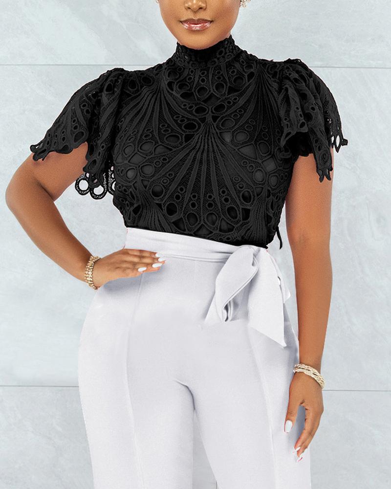 

Eyelet Embroidery Button Front Puff Sleeve Top, Black