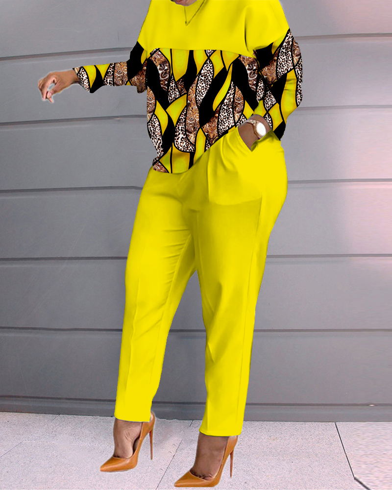 

Plus Size Baroque Leopard Print Colorblock Top & Pants Set, Yellow