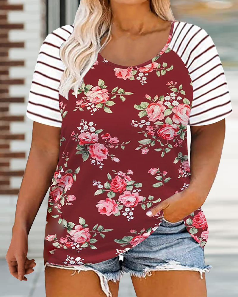

Plus Size Floral Print Short Sleeve Casual T-shirt, Red