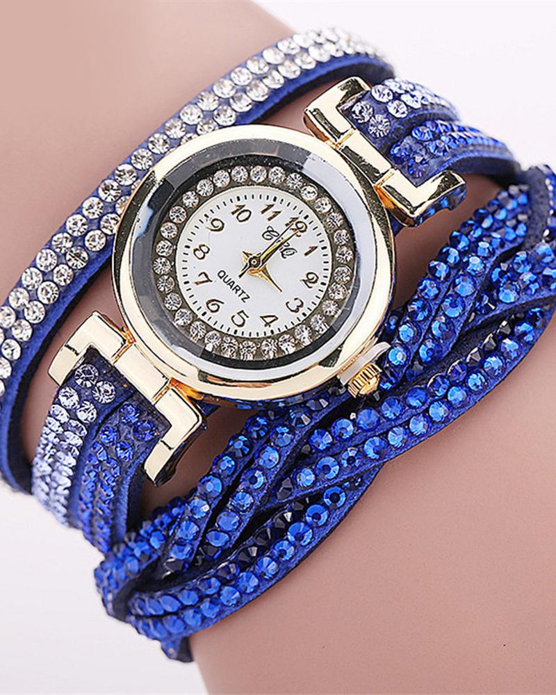 

1pc Allover Rhinestone Braided Bangle Quartz Watch, Dark blue