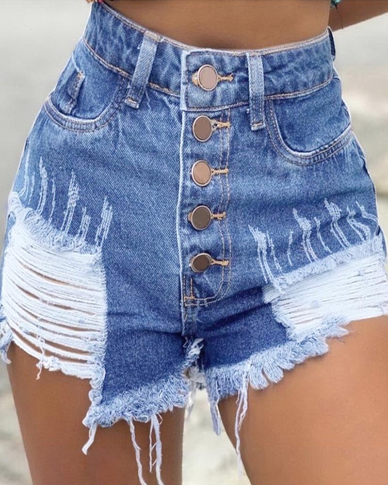 

Ripped & Repaired Denim Shorts, Light blue