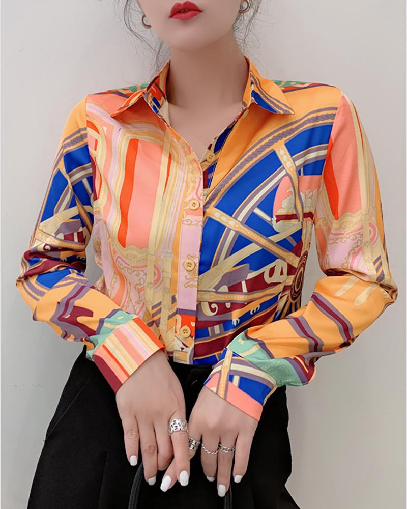 

Long Sleeve Buttoned Scarf Print Shirt, Multicolor