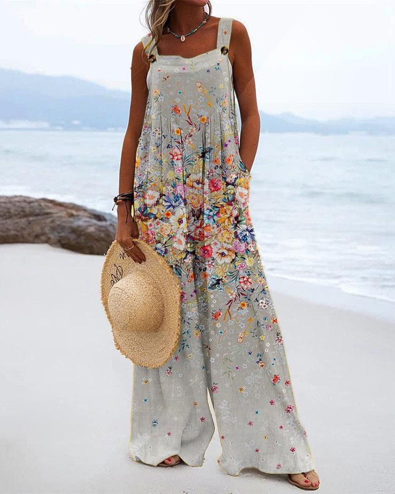 

Floral Print Wide Leg Suspender Jumpsuit, Khaki