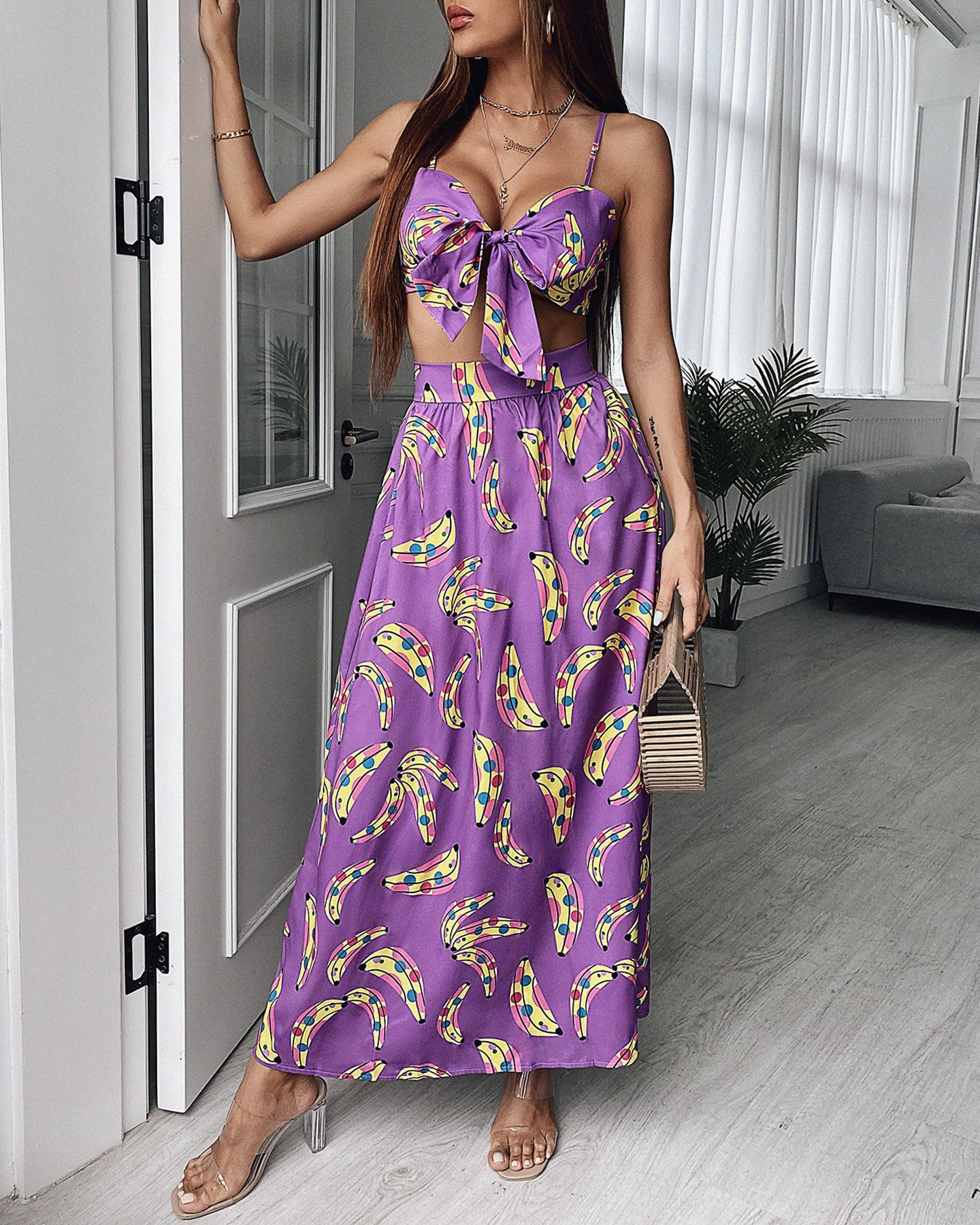 

Banana Print Spaghetti Strap Top & Skirt, Purple