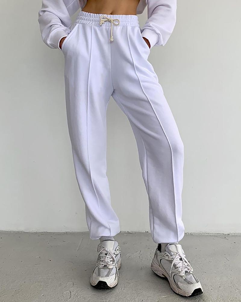 

Pocket Design Drawstring Cuffed Sweatpants, White