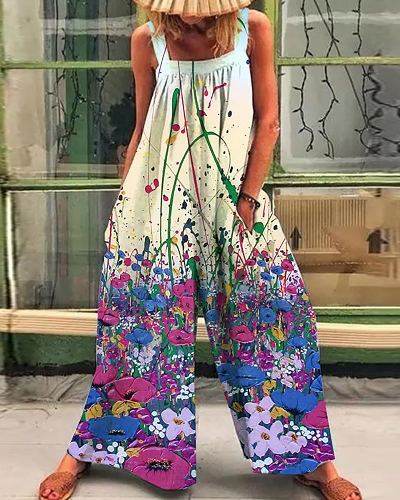 

Floral Print Wide Leg Pocket Design Jumpsuit, Multicolor