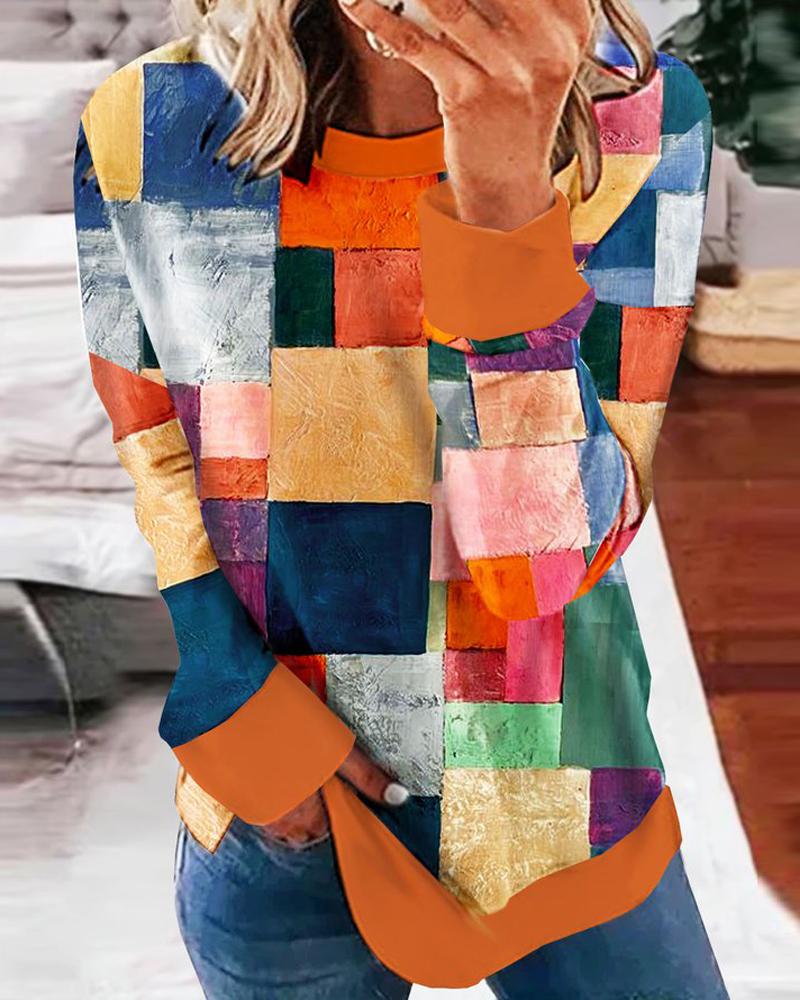 

Geometric Print Long Sleeve Casual Top, Multicolor