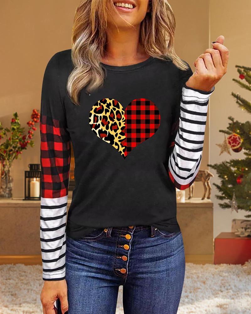 

Valentine' Day Heart Plaid Cheetah Striped Print Top, Black