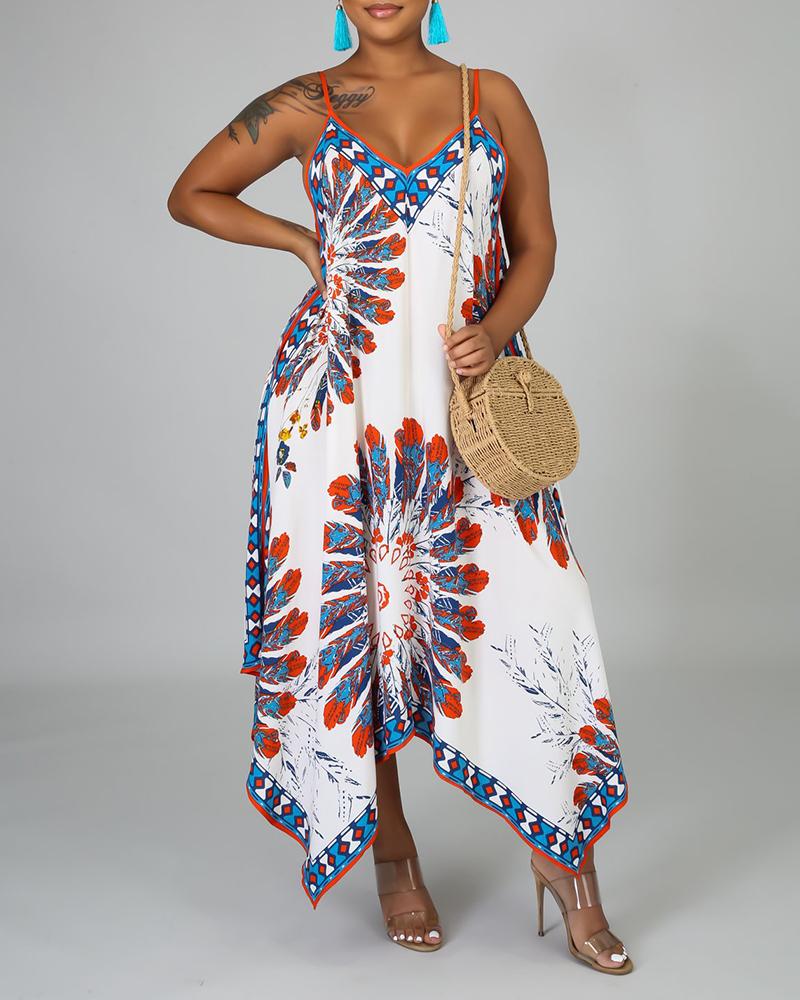 

Spaghetti Strap Print Irregular Dress, White