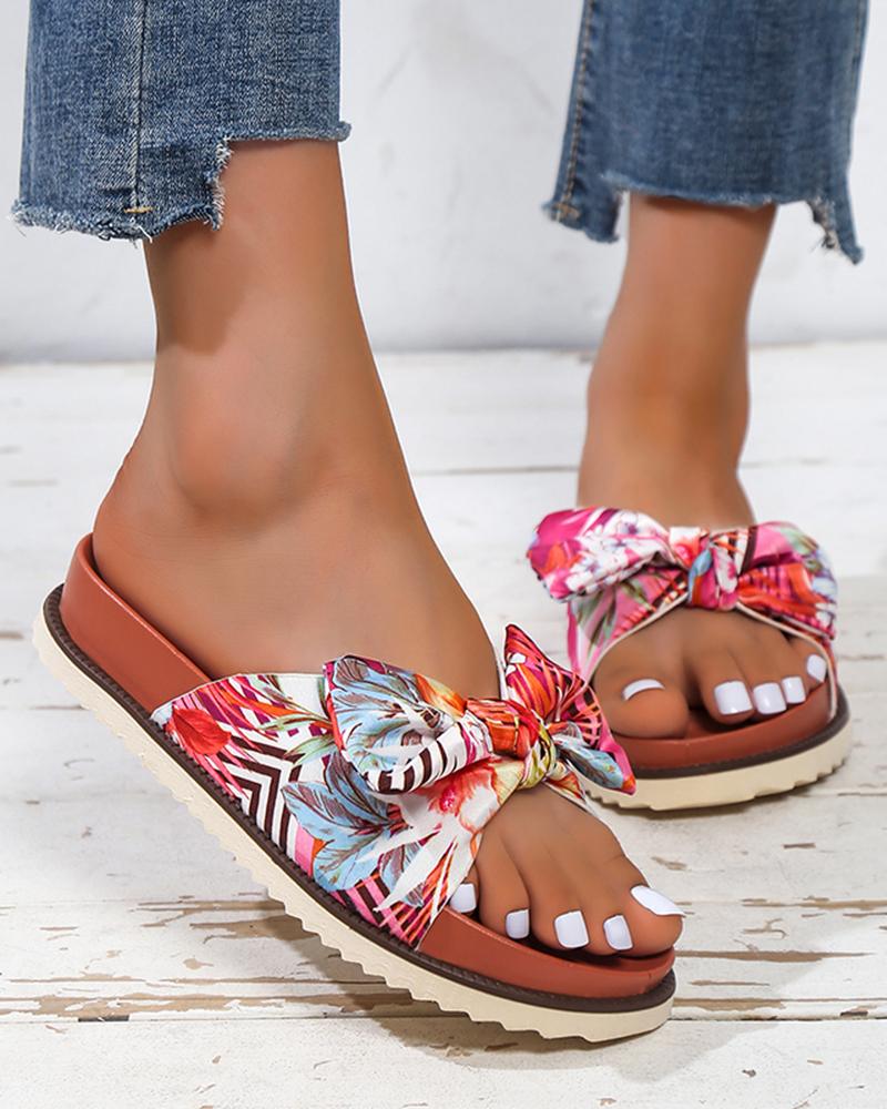 

Tropical Print Bowknot Design Slippers, Red