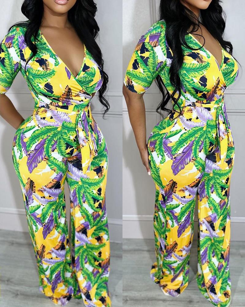 

Tropical Leaf Print Plunge Tied Detail Jumpsuit, Multicolor