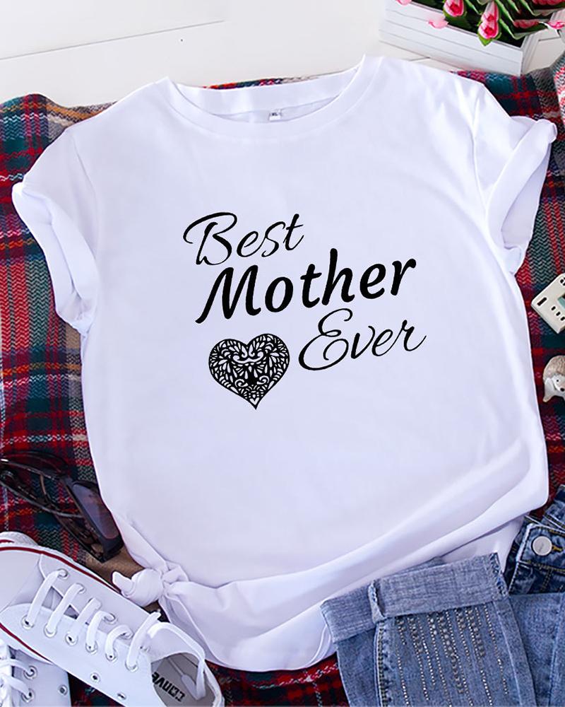 

Mother' Day Short Sleeve Letter Heart Print T-shirt, White
