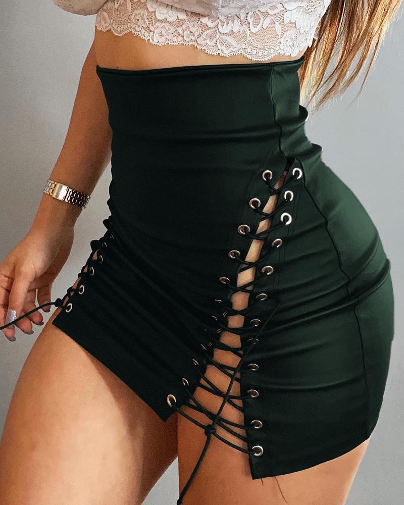 

High Waist PU Leather Eyelet Lace-Up Skirt, Dark green