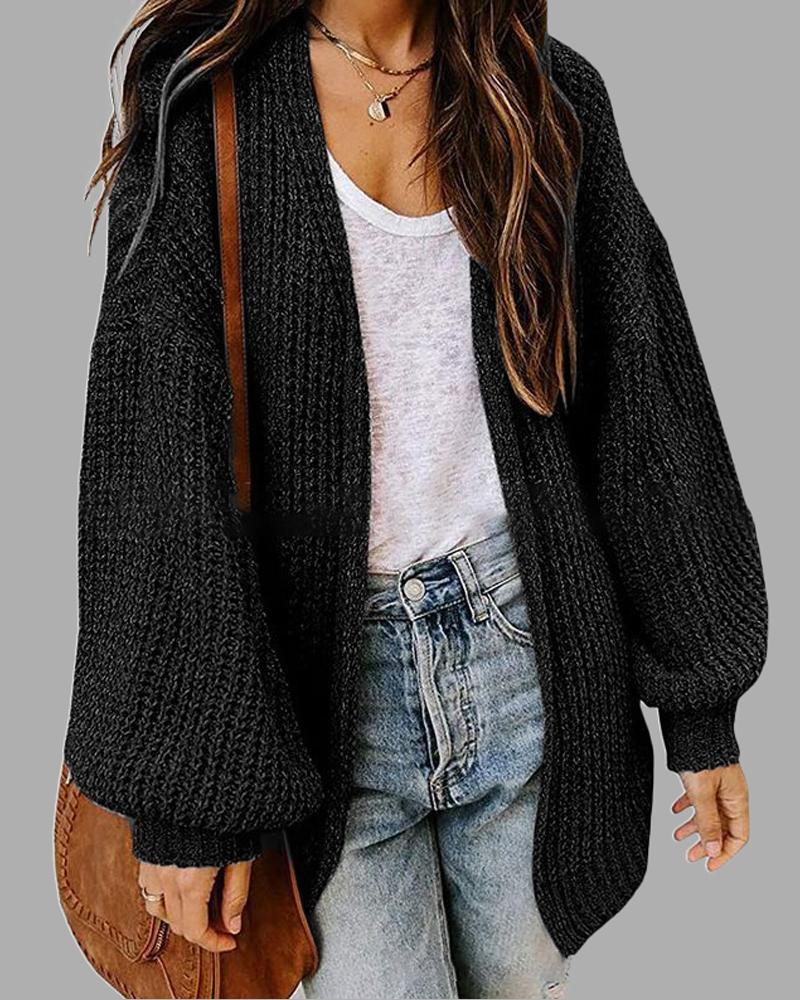 

Lantern Sleeve Open Front Chunky Knit Cardigan, Black