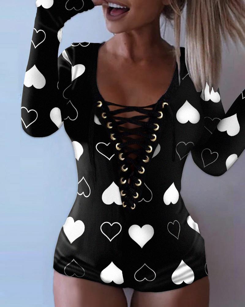 

Valentine' Day Heart Print Grommet Eyelet Lace-up Sleep Onesie, Blackwhite