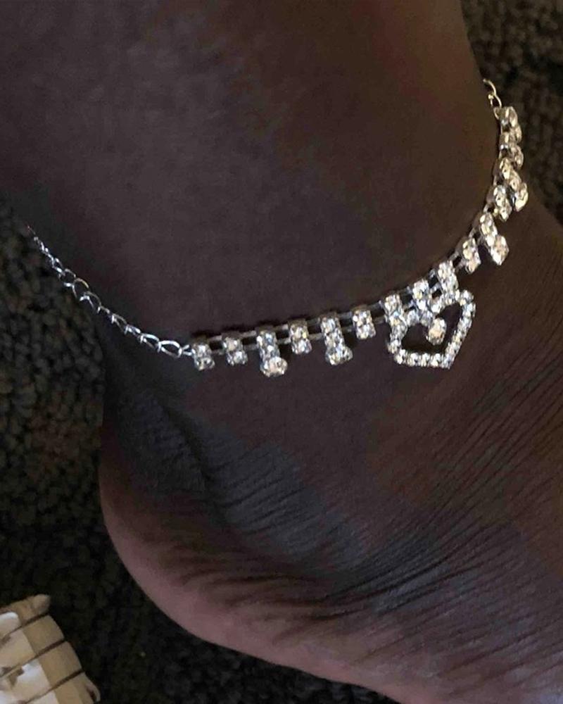 

1pc Rhinestone Fashion Jewelry Hollow Out Heart Pendant Anklet, Silver