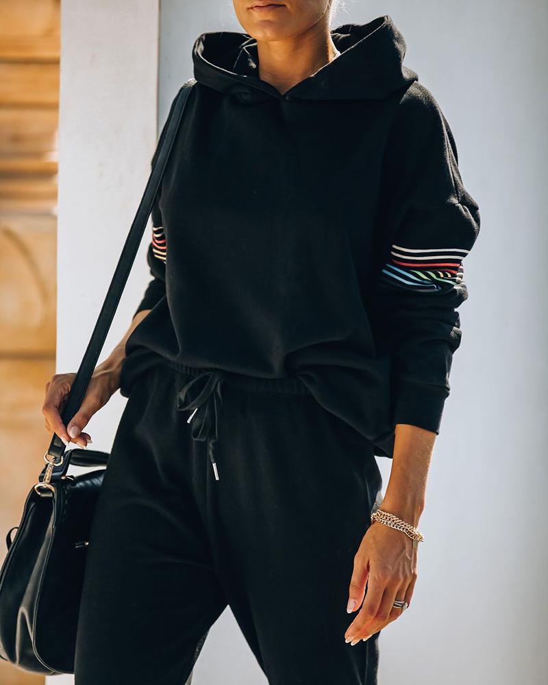 

Striped Hooded Top & Drawstring Pants Set, Black