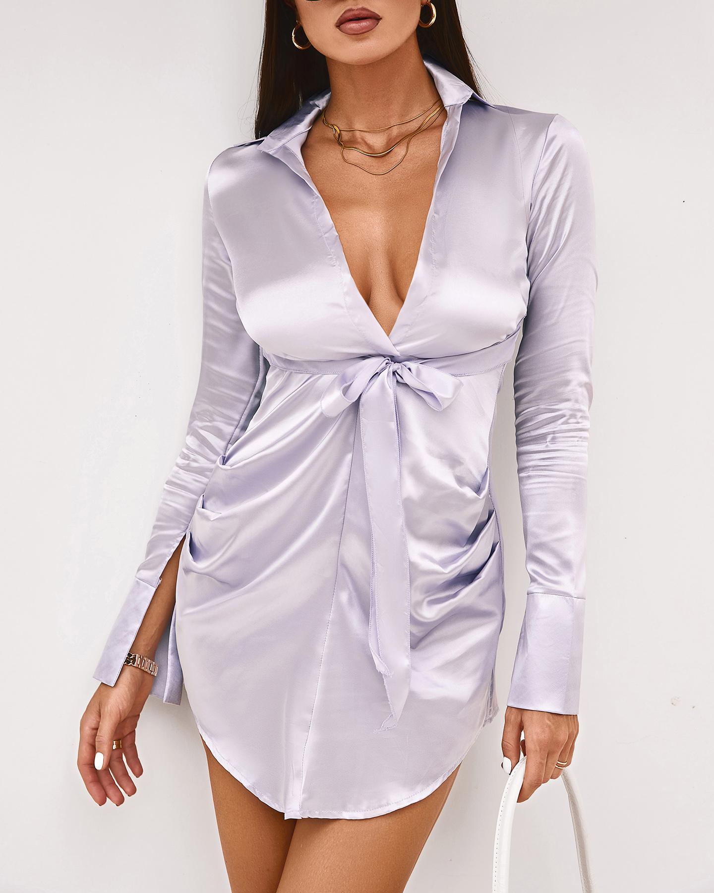 

Tie Front Plunge Long Sleeve Shirt Dress, Purple