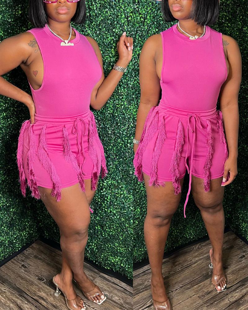 

Casual Tank Top & Tassel Decor Drawstring Shorts Set, Hot pink