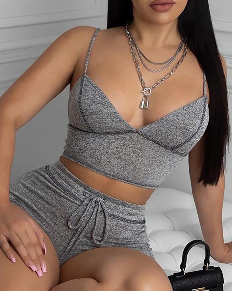 

Solid Spaghetti Strap Cami Set, Gray