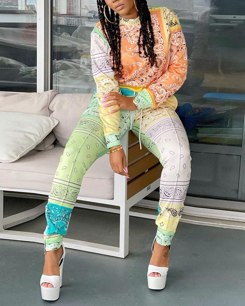 

Paisley Print Top & Zipper Hem Pants Set, Orange
