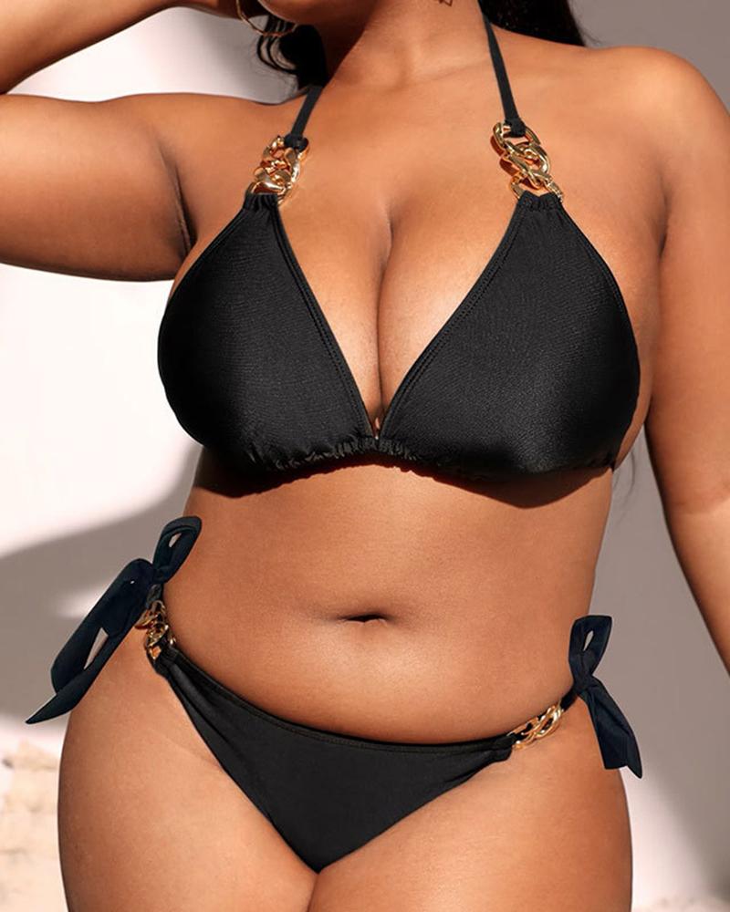 

Plus Size Halter Chain Strap Tied Detail Bikini Set, Black