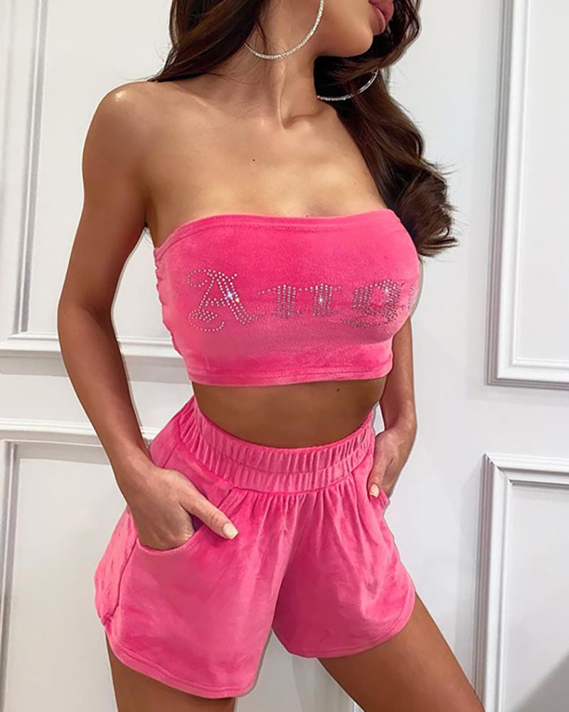 

Rhinestone Letter Pattern Crop Top & Pocket Design Shorts Set, Hot pink