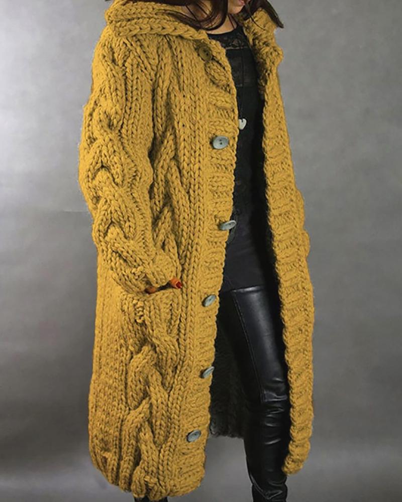 

Pocket Button Design Long Sleeve Knit Cardigan Casual Daily Solid Color Long Cardigan, Yellow