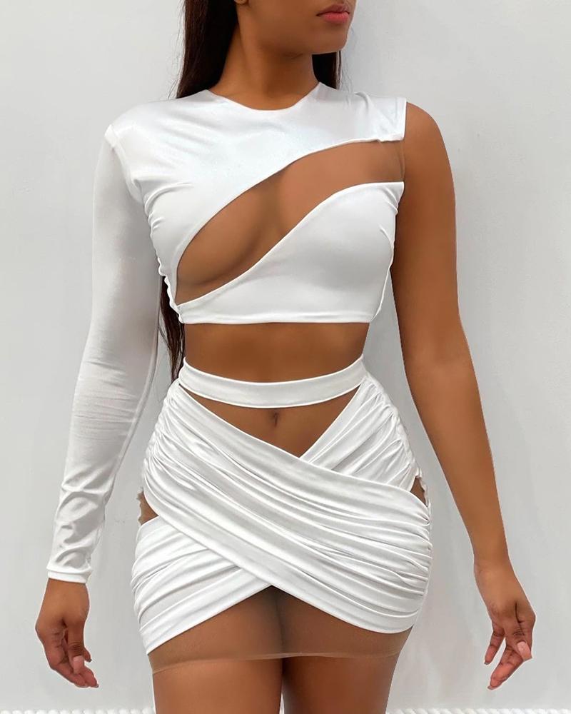 

One Shoulder Sheer Mesh Patch Crop Top & Ruched Skirt Set, White