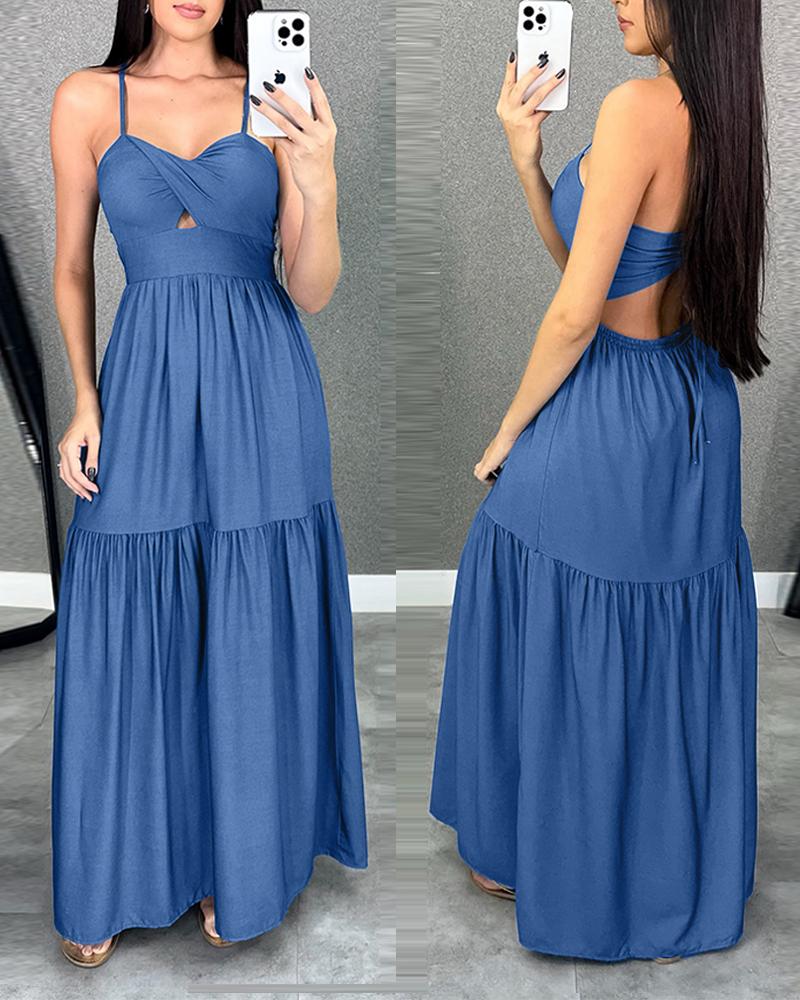 

Spaghetti Strap Ruched Front Denim Look Maxi Dress, Blue