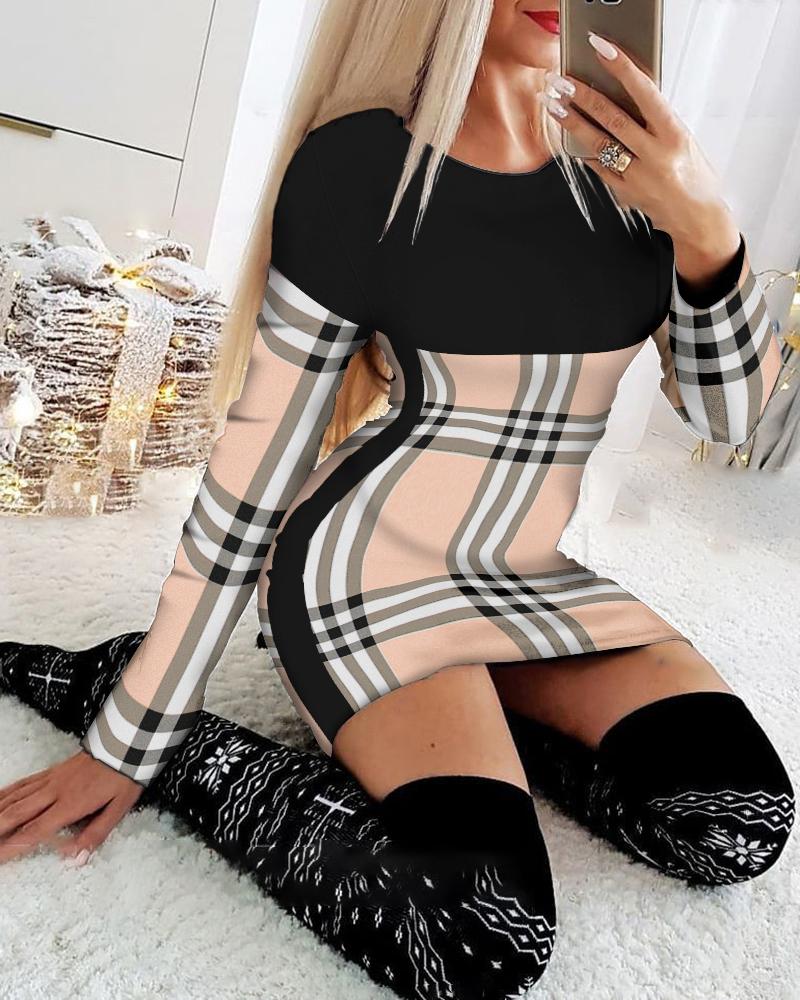 

Plaid Print Patchwork Long Sleeve Bodycon Dress, Khaki